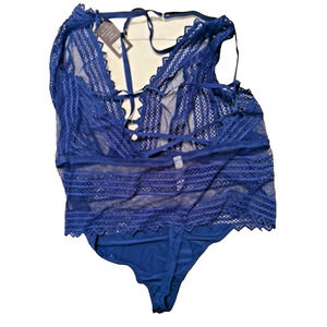 Cacique Blue Lace Thong Bodysuit Lace Strappy Bodysuit 18/20 NWT